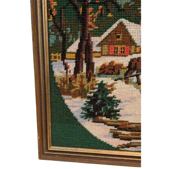 Vintage Framed Needlepoint Cross Stitch Winter Scene With Horse & Cottage - Picture 10 of 14